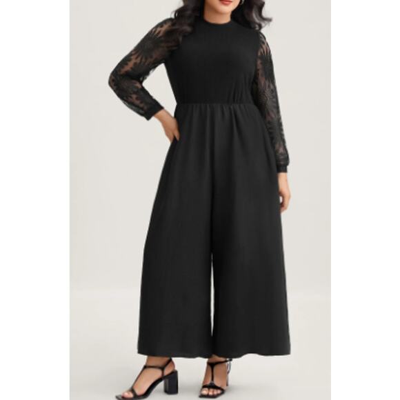 BLOOMCHIC 14-16 1X Plus Black Crochet Lace Mesh Mock Neck Jumpsuit NWT B84 - Picture 1 of 10